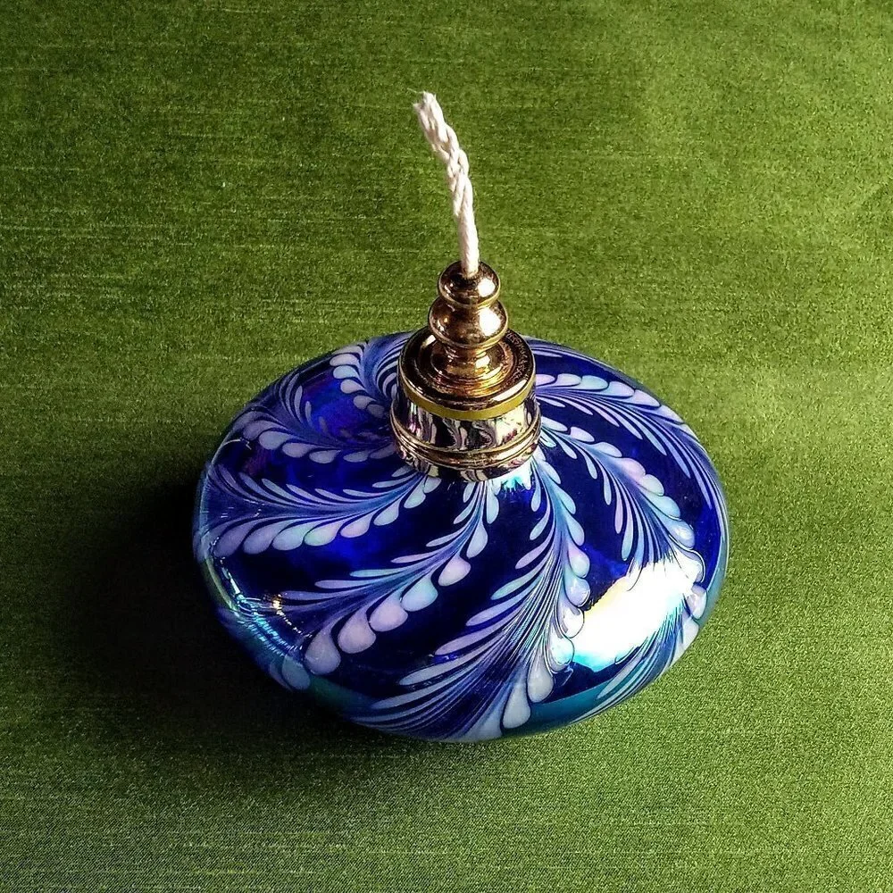 Blue Carnival Art Glass Swirl Fragrance Oil Catalytic Lamp